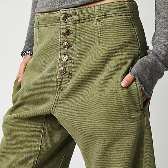 Free People We The Free Osaka Mid Rise Olive Green Barrel Jeans Pants - Picture 3 of 10